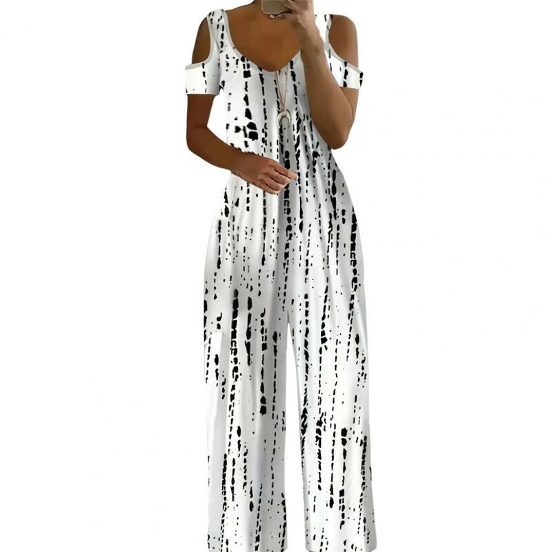 Wide Leg Jumpsuit Stylish Women's Hollow Out Shoulder Jumpsuit with Printed V Neck Wide Leg for Summer Vacation Office Wear High