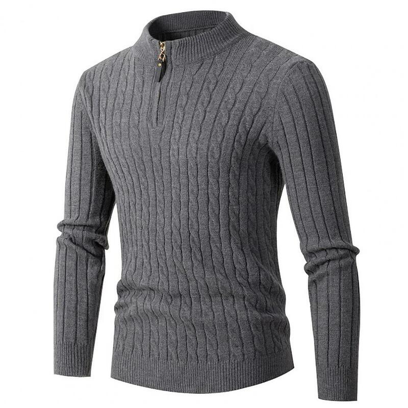 Suéter grueso con cremallera para hombre, Cuello medio alto, patrón de giro, Color sólido, cálido, ajustado, informal, ropa de invierno para uso diario, otoño