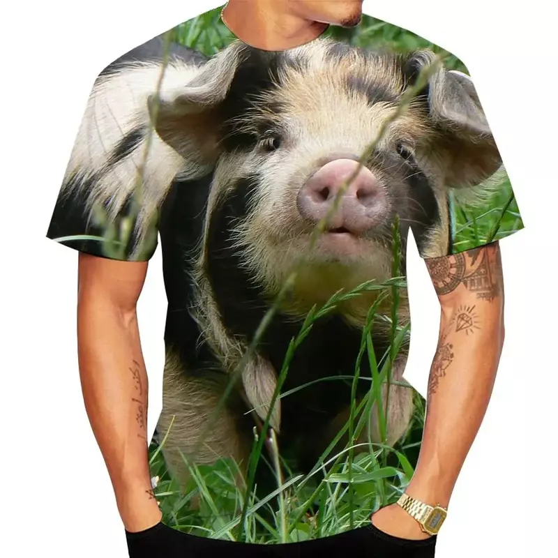 Camiseta con estampado 3d de Animal Pig para hombre, con cuello redondo Camiseta holgada, Top de manga corta con personalidad, Harajuku, novedad de verano