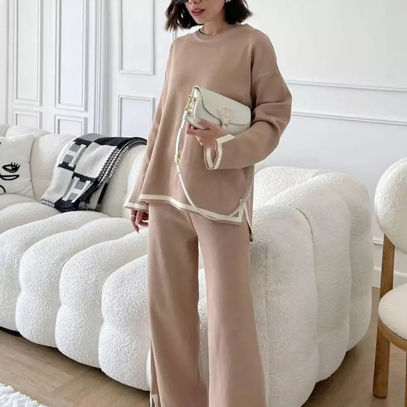 NMZM Elegant O-neck Long sleeved Side Split Pullover Sweater+Wide Leg Pants 2-piece Women's Autumn Solid Color Casual Sports Shi