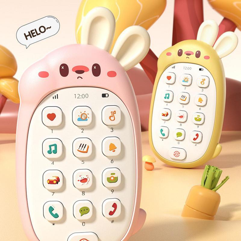 Brinquedo bonito do telefone do coelho em forma com orelha mastigável, alimentado por bateria, educacional bilíngue multifuncional para crianças