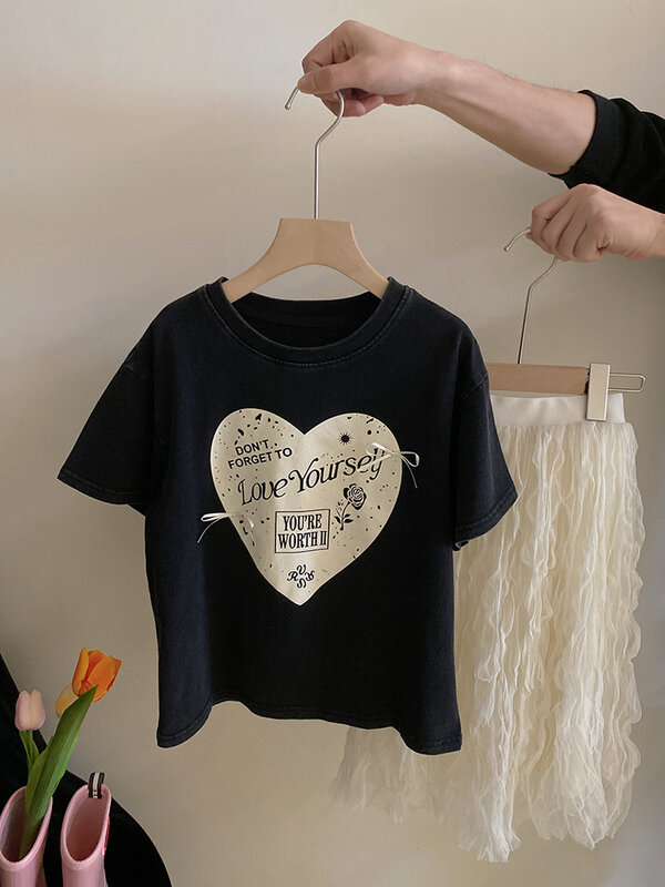 Retro Bow Heart Letter Short SleeveTT-shirt2024Summer New Fairy Pleated Mesh Skirt Suit-WS