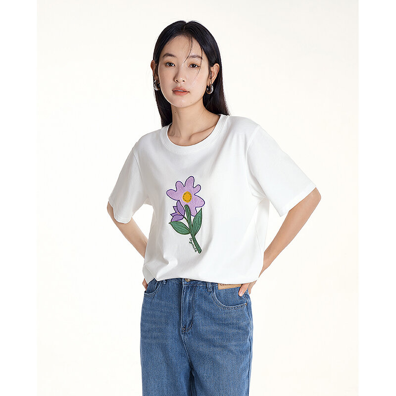 Toyouth Women T-shirt 2023 Summer Short Sleeve Round Neck Loose Tees Floral Print Embroidery Pure Cotton Comfort Casual Tops