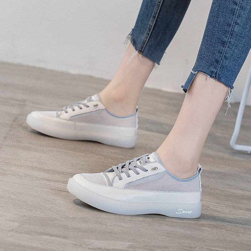 Breathable Casual Board Shoes Womens 2023 New Leather Small White Shoes Women Mesh Large pumps Versatile Student Soft Sole Shoes