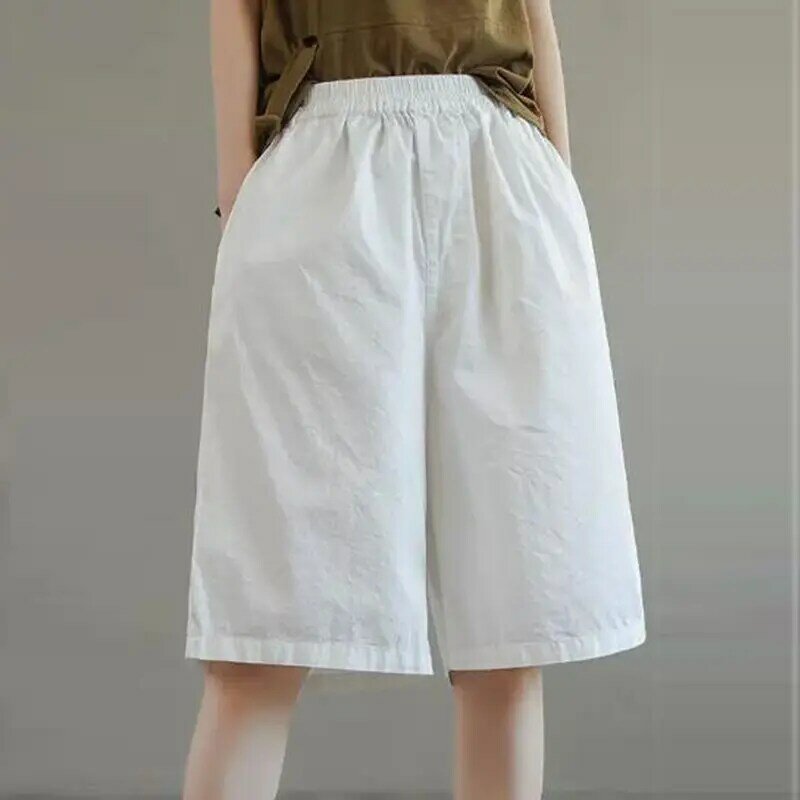 Damen Sommer neue gespleißte elastische Taille Mode einfarbige Tasche lose und vielseitig abnehmen reine Baumwolle Shorts