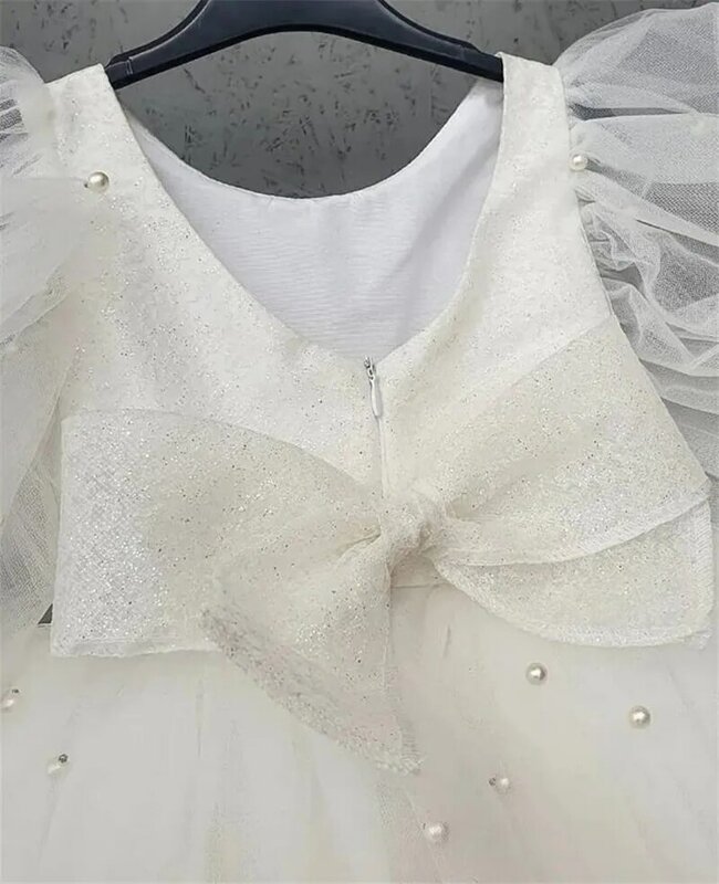 Nowe białe dziewczęca sukienka w kwiaty z kości słoniowej tiulowe perły z okrągłym dekoltem i dekoltem dla dzieci księżniczki suknia dla dziewczynki suknia na konkurs piękności