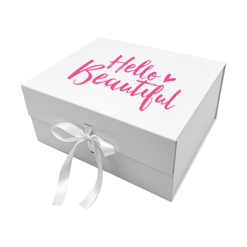 Customized productCustom Logo Luxury White Cardboard Box Packaging Skincare Packing with Ribbon Cosmetic Makeup Magnetic Closure