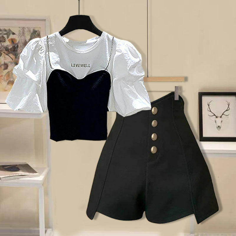 Setelan celana pendek edisi Korea wanita, baju celana pendek pinggang tinggi dua potong trendi musim semi/panas