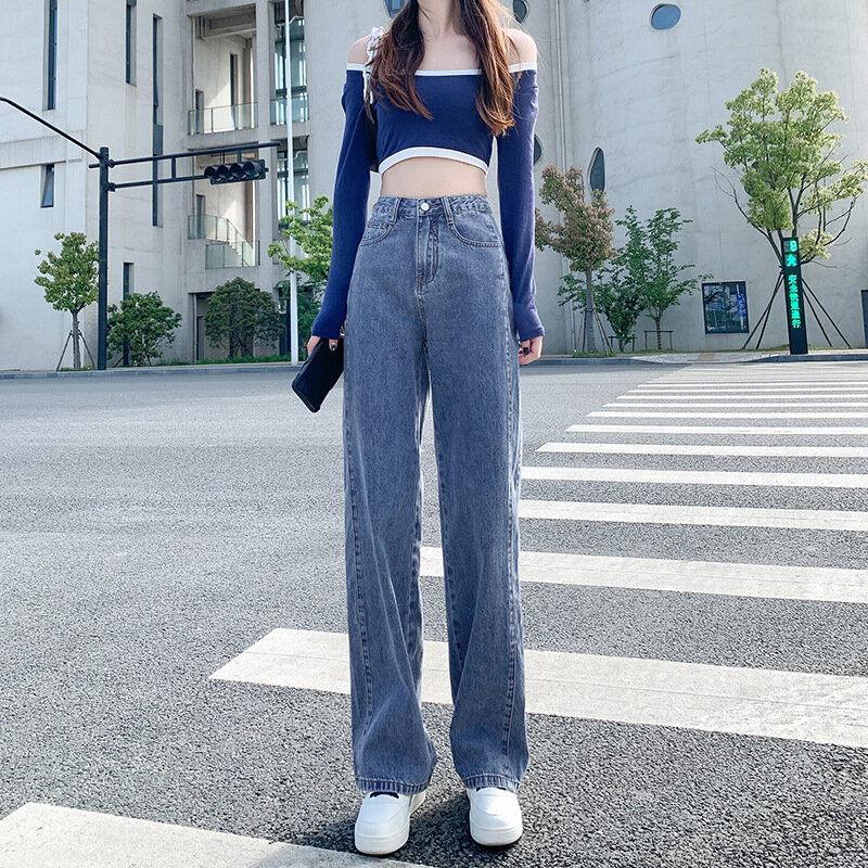 High waisted Straight leg Jeans For women's Autumn Winter Vintage Loose Wide leg long Pants Female Casual Denim Trousers