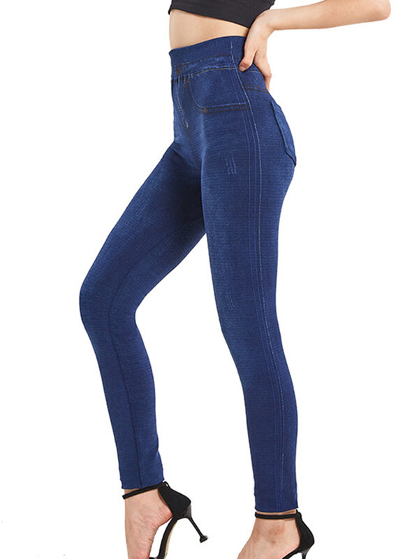 Celana legging olahraga wanita, Legging Fitness bersaku mode ramping Faux Jeans Denim celana pensil panjang kasual