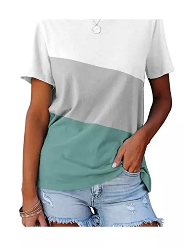 Женская Однотонная футболка свободного покроя, Повседневная хлопковая футболка с коротким рукавом и цветным круглым вырезом, лето 2023