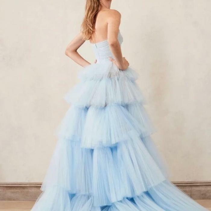 Elegant Baby Blue Women Dress Strapless Tiered Tulle Prom Party Dresses Front Split Vestidos De Noche Bridal Formal Dresses