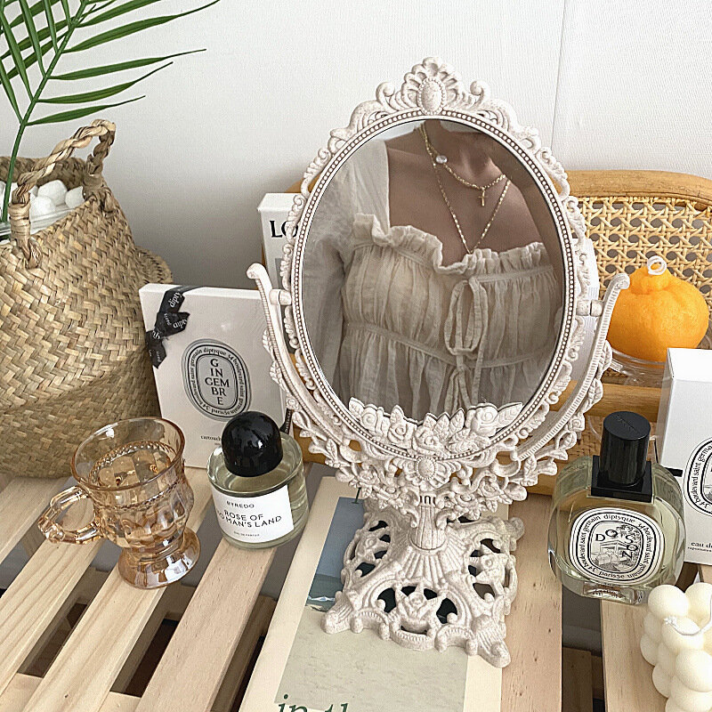 Espejo de maquillaje de forma ovalada, herramienta giratoria de 360 grados, Estilo Vintage europeo, para escritorio, decoración del hogar