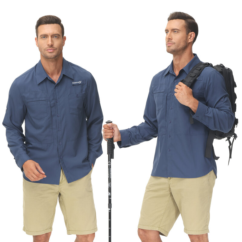 Camisas de pesca informales para hombre, camisa de senderismo de carga, manga larga, UPF 50 +, camisas tácticas con botones, blusa para trabajo y senderismo