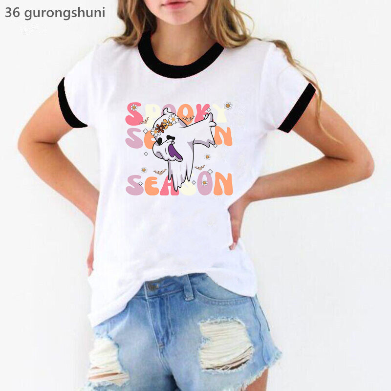 女性のピカピカのハロウィンギフトTシャツ,グラフィックプリントの服,楽しい,原宿,カワイイ,2023