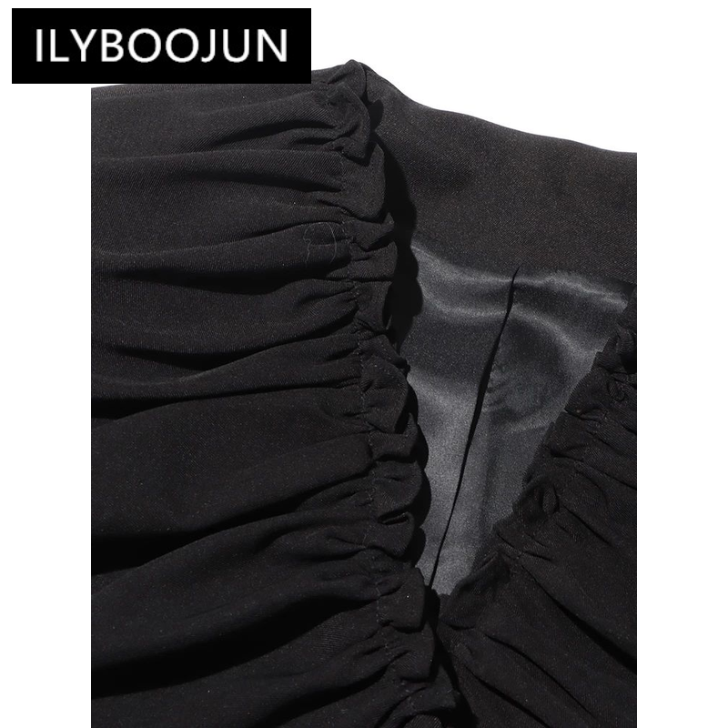 Ilyboojun-女性用に折りたためるブレザー、無地のパッチワーク、Vネック、長袖、分割、シングルブレスト、シック、ファッション、新しい