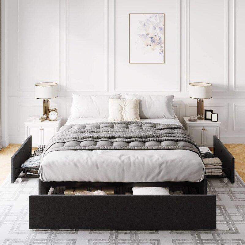 Rama łóżka typu queen-size ze schowkiem, 3 duże szuflady na kółkach, łóżko z platformą tapicerowaną tkaniną, bez sprężyny pudełkowej