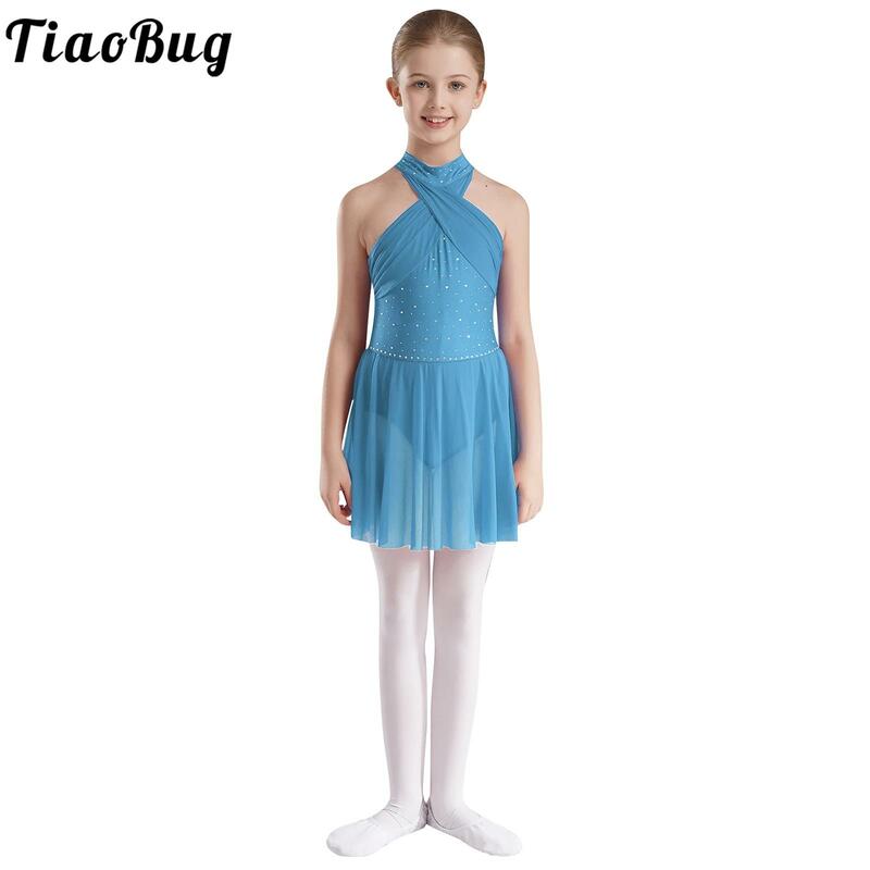 Kids Girls Shiny Rhinestones Dance Dresses Backless Sleeveless Leotard Cross Mesh Patchwork Dress Stage Performance Dancewear