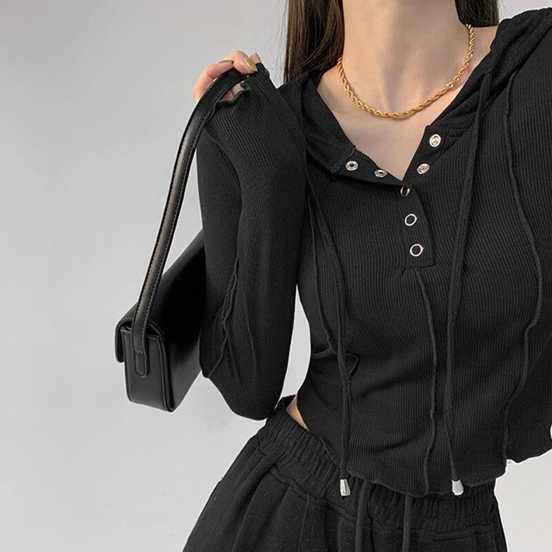 Rimocy-top curto com capuz com botão para mulheres, slim fit, manga comprida, y2k, streetwear, elástico, selvagem, para outono e inverno