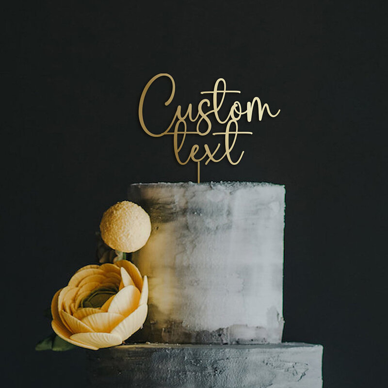 Custom Text Gold Acrylic Cake Topper Personalized Rustic Wood Cake Topper Wedding Birthday Engaged Anniversary Party Decoration