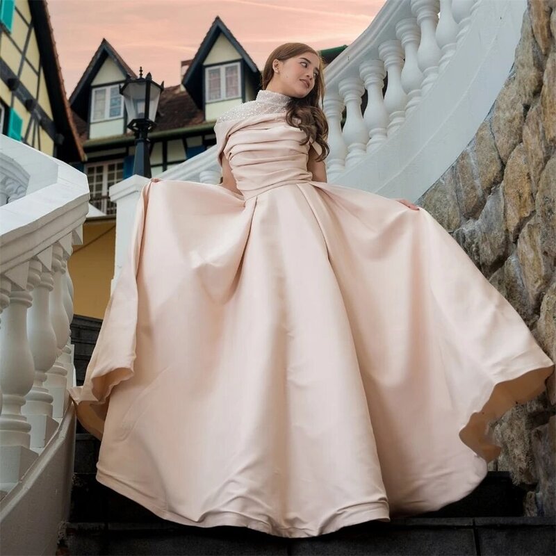 Prom Dresses Eleagnt High Collar A-line Empire Sequin Party Dress Floor Length Short Sleeve Formal Evening Gowns robe de bal