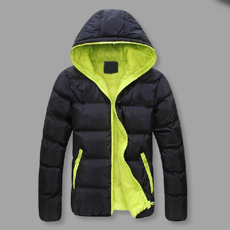 Contrast Color Padded Jacket Zipper Pockets Jacket Stylish Men's Winter Padded Jacket Hooded Drawstring Long Sleeve Zipper