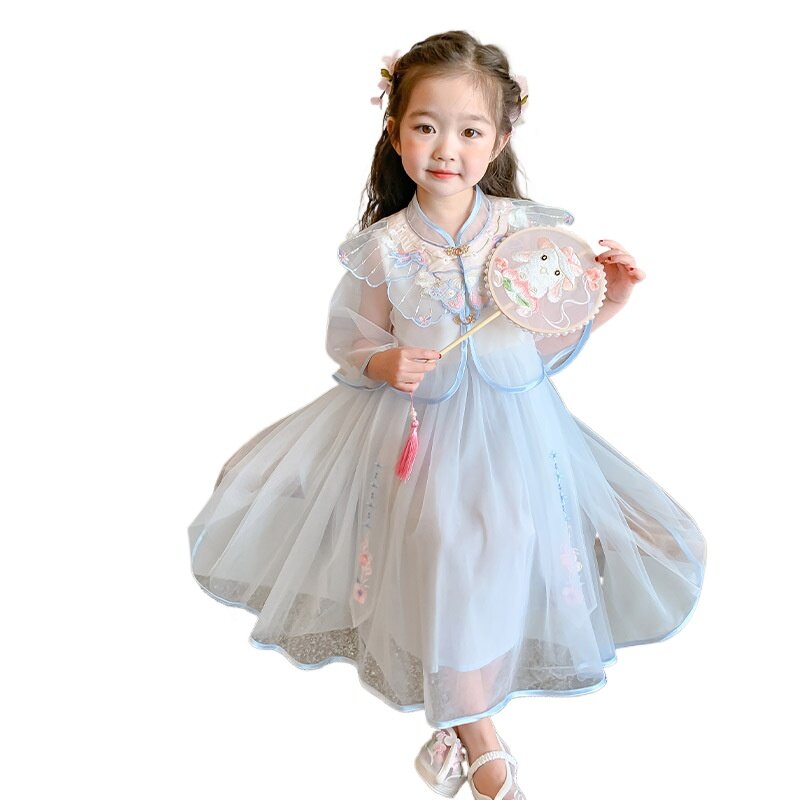 Meisjes Jurk 2024 Nieuwe Zomer Hanfu Modieuze Baby Prinses Chinese Stijl Cheongsam Mesh Rok Performance Kostuums Kinderen