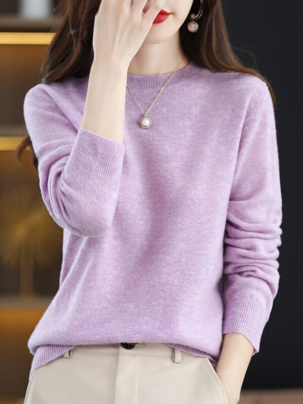 Женский кашемировый пуловер с круглым вырезом, длинным рукавом