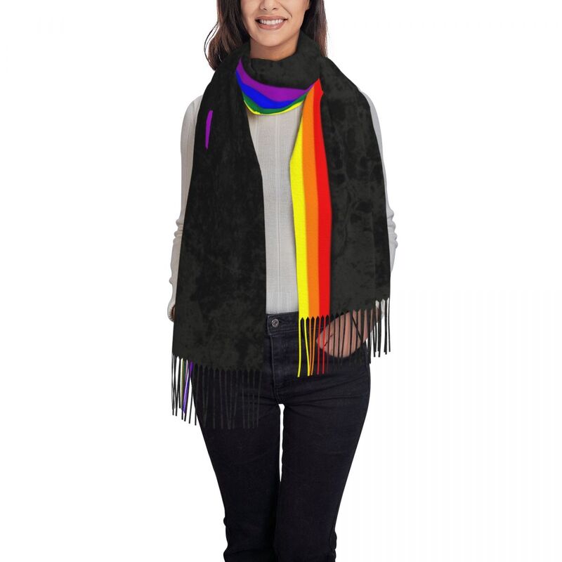 Distressed LGBTQ Pride Flag Stripe szalik dla kobiet stylowy zimowy szal do opatulania się LGBT Gay Lesbian Tassel Wraps