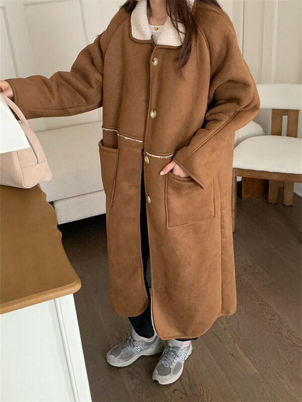 Alien Kitty Winter Casual Long Trench Women Chic Lamb Wool Daily 2023 Straight Slim New Loose Office Lady Vintage Warm Coats
