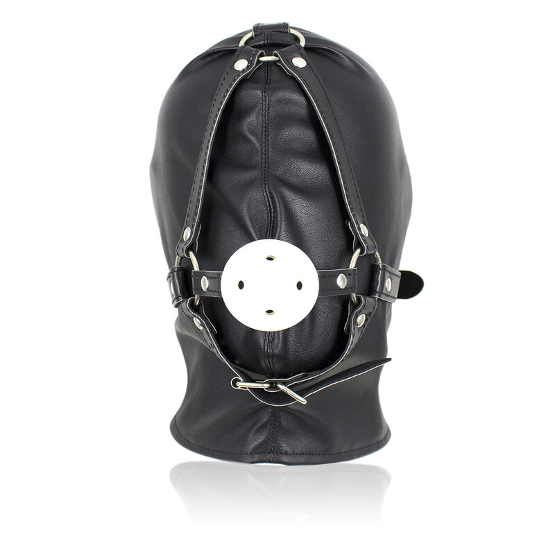 SM-casco de cuero negro para Cosplay, máscara facial completa con tapón hueco para la boca, dispositivo de penalización alternativa, Juguetes sexuales