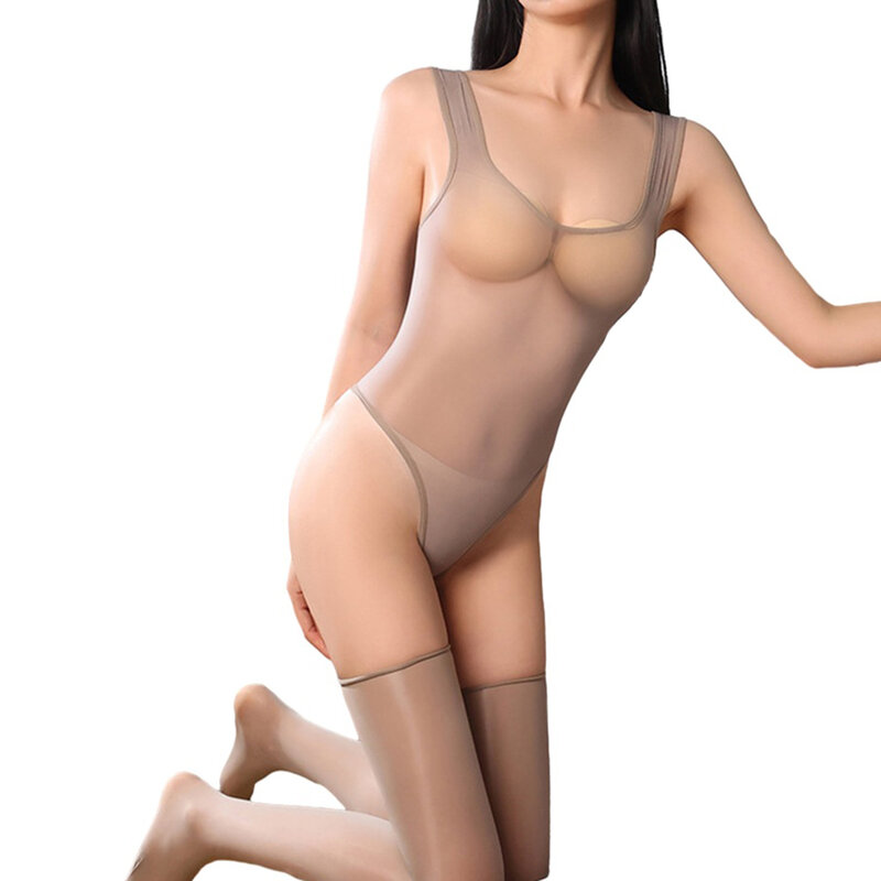 Bodysuit transparente liso brilhante para mulheres, corte alto, lingerie sexy, desgaste do clube