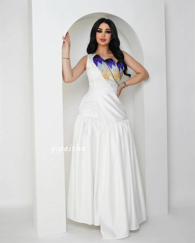 Jersey Sequined Beading Ruched Cocktail Party A-line One-shoulder Bespoke Occasion Gown Midi Dresses