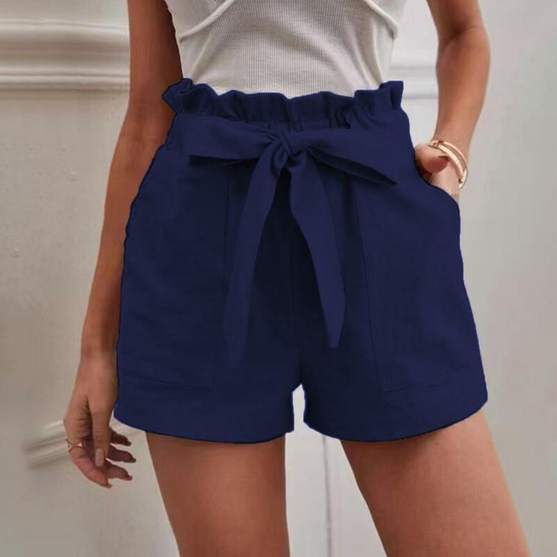 Pantalones cortos de cintura elástica para mujer, Shorts elegantes de línea a de cintura alta con decoración de lazo fruncido, bolsillos laterales para fiesta de Club