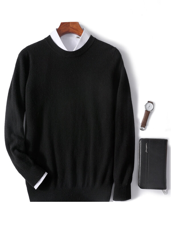 Suéter de lana merina pura para hombre, jersey de manga larga con cuello redondo, ropa de punto básica de Cachemira, primavera y otoño, 100%
