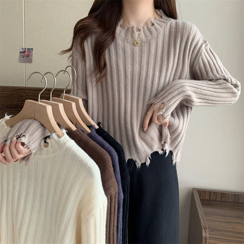 Autumn Tassel Knitted Pullovers Women Loose Leisure Fashion All-match Basic Short Tops Female Chic Solid Simple Ribbed Knitwear