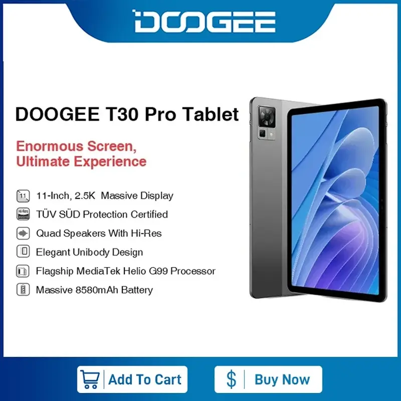 DOOGEE T30 프로 태블릿, 안드로이드 13, 2.5K TUV 인증, 8GB, 256GB, MediaTek Helio G99, 8580mAh, 20MP 메인 카메라, 쿼드 스피커, 11 인치