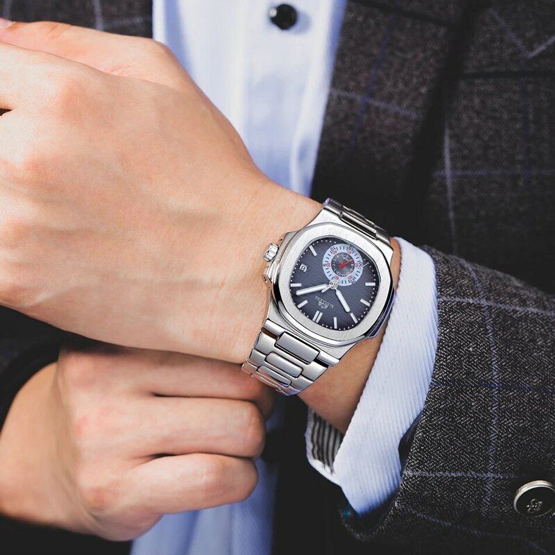自動巻き機械式照明ステンレス鋼グレーコーヒーブラックホワイトダイヤルドレス高級男性用時計
