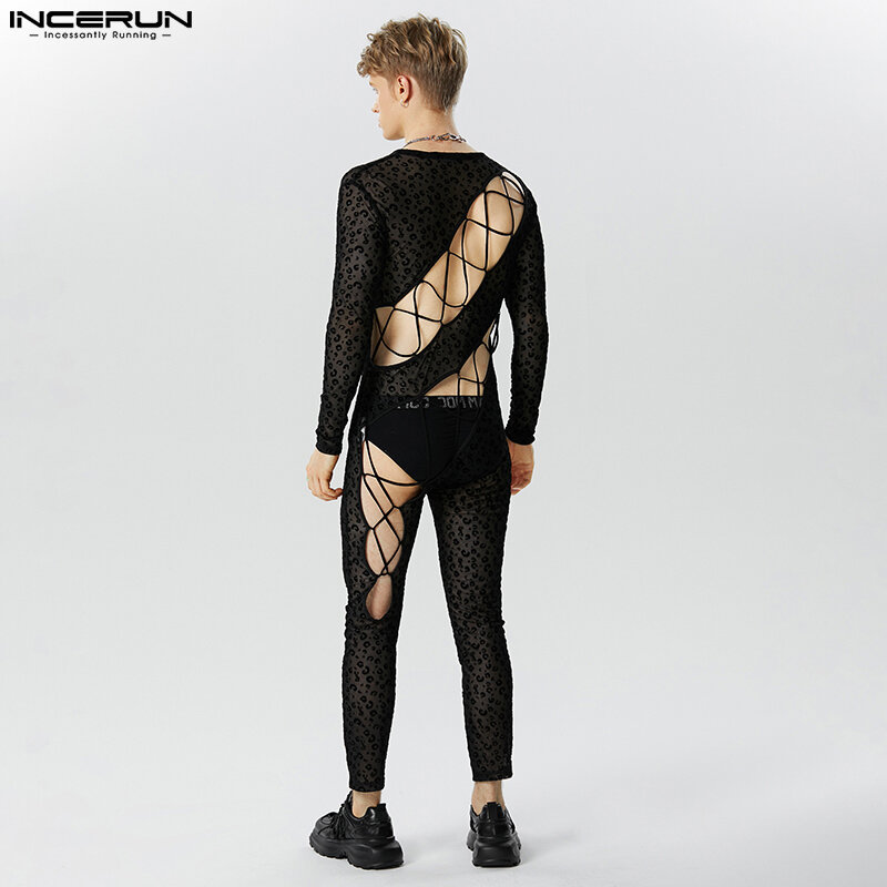 INCERUN Sexy Men's Leopard Grain Bodysuits See-through Mesh Cross Design Jumpsuit Hollow Long Sleeve Tight Jumpsuits S-5XL 2023