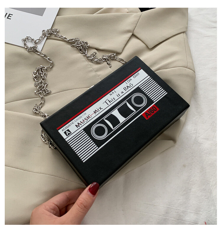 독특한 바이브: 라디오에서 영감을 받은 여성용 박스 가방, 테이프 체인, 원 숄더 크로스바디, 트렌디한 지갑, 2024 년