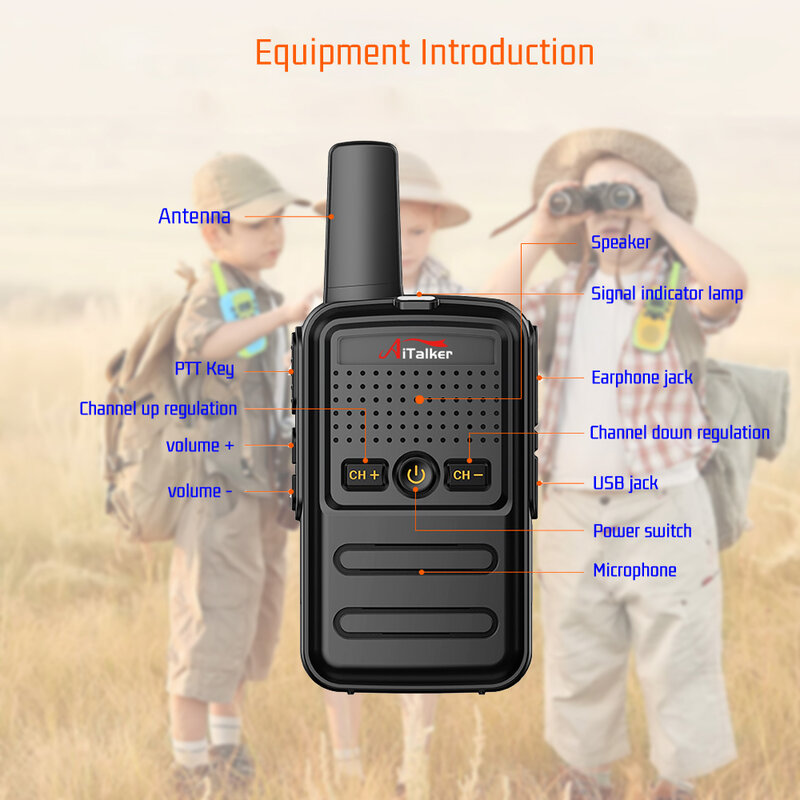 Aitalker mini brinquedo 1 5 5 km presente uhf transceptor em dois sentidos fuselagem colorida novo crianças talki walkie talkie rádio mesa