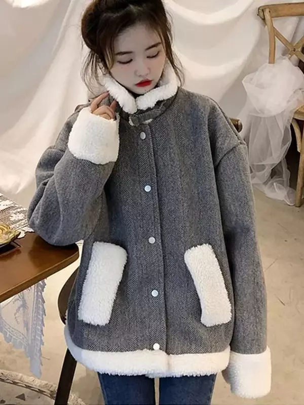 Streetwear Retro Faux Lamb Coats Harajuku Loose Women Patchwork Korean Jacket Simple Long Sleeve High Quality Outwear