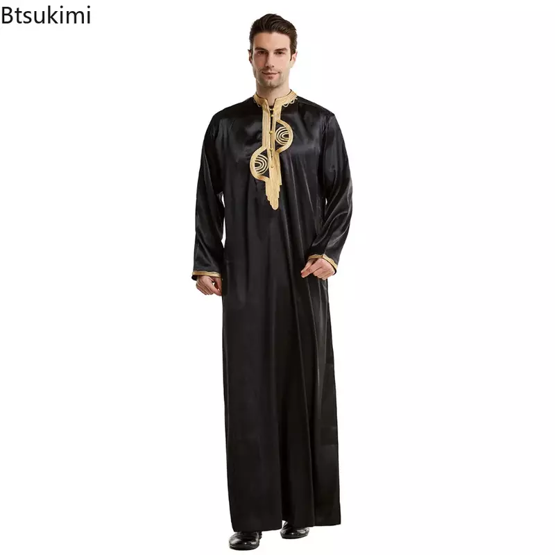 Muslim Men Clothing Kaftan Robes Long Sleeves Stand Collar Eid Thobe Kurta Arab Turkish Dress Dubai Islam Habit Ethnic Leisure