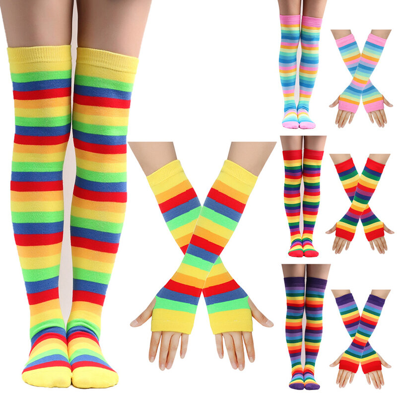 Womens Colorful Striped Stocking Socks Knee High Socks Casual Thigh High Over The Knee Hosiery Arm Warmer Fingerless Gloves Set
