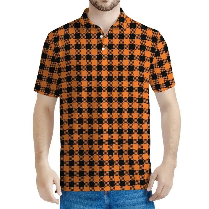Рубашка-поло мужская с цветной графикой, клетчатая футболка с 3D принтом, повседневный Свободный Топ с коротким рукавом, с лацканами, на лето
