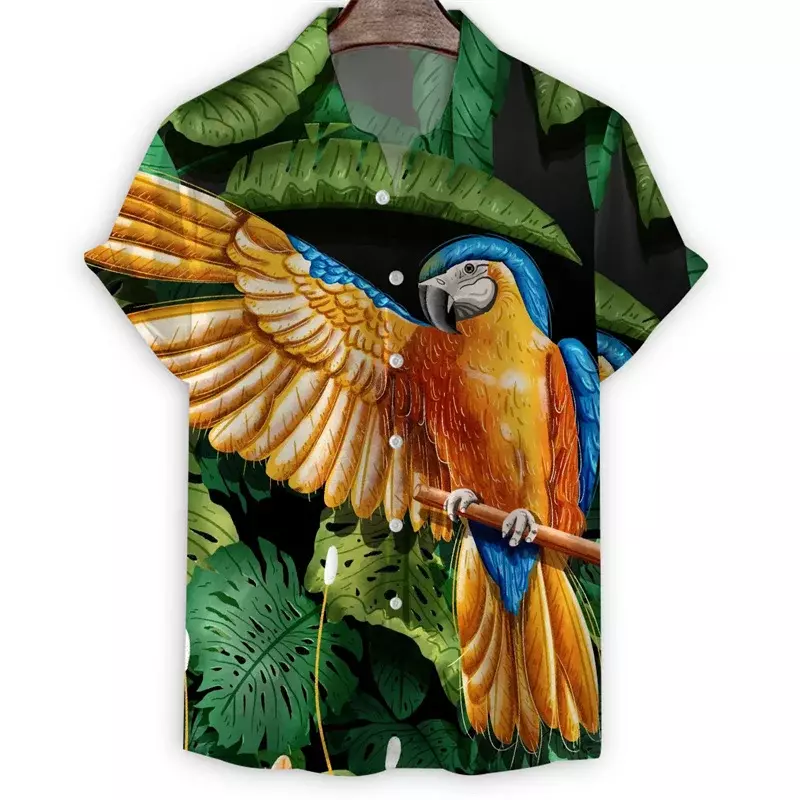 Chemise hawaïenne à manches courtes pour hommes, chemisier à revers en Y, imprimé 3D, oiseaux d'animaux colorés, perroquet, cool, plage, été