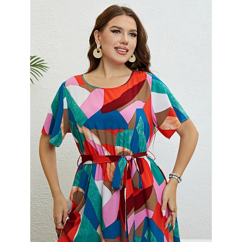 SOMO Plus Size Women Summer Dress Short Sleeve Elegant High Waist Bandage Waist Stitching Color Dress Wholesale Dropshipping