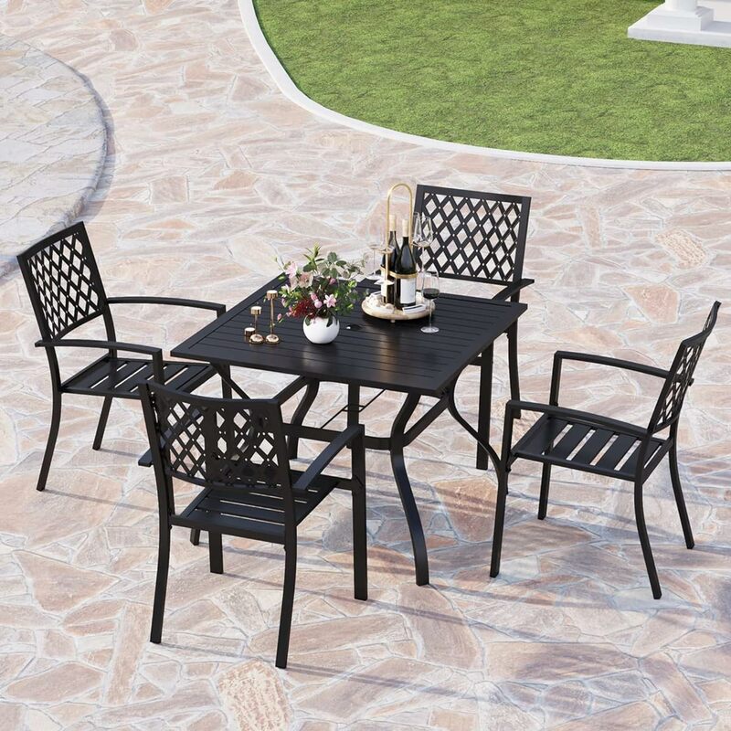 5-teiliger Metall-Terrassen-Tisch und Stühle im Freien Ess-Set-quadratischer Terrassen tisch mit Schirm loch und Gartens tühlen im Hinterhof