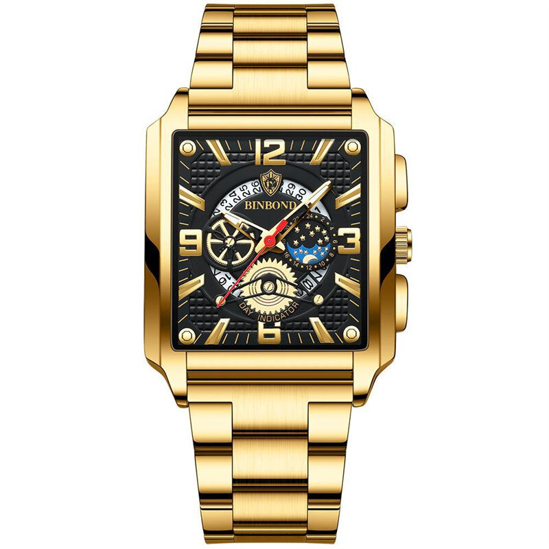 Binbond แท้นาฬิกาข้อมือสำหรับผู้ชายสแควร์สแตนเลสกันน้ำนาฬิกาข้อมือควอตซ์ปฏิทิน Hollow Original A4303