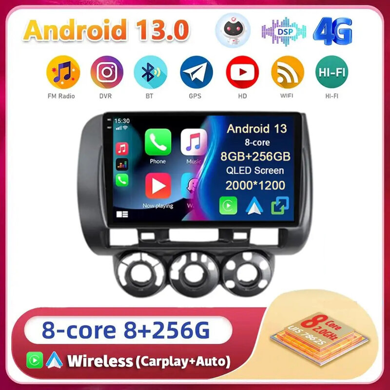 Android13 Carplay Auto Multimedia mobil, pemutar Radio WIFI Video + 4G BT Stereo untuk Honda Fit Jazz City 2002 2003 2004 2005 2006